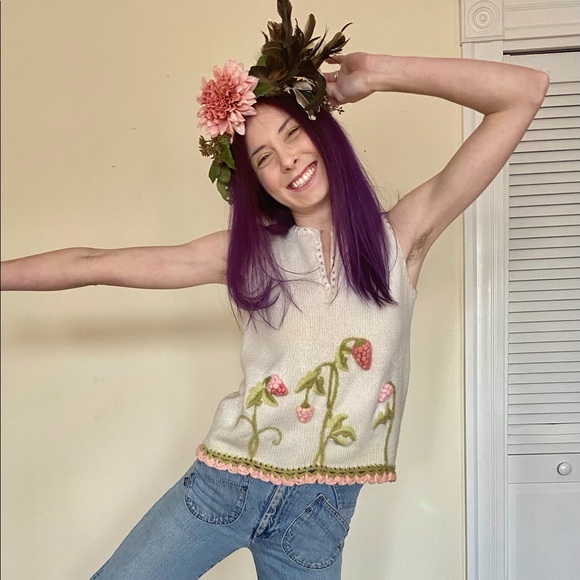 SOLD Cream Wool Knit Tank Sweater Pink Flower - Picture 9 of 13